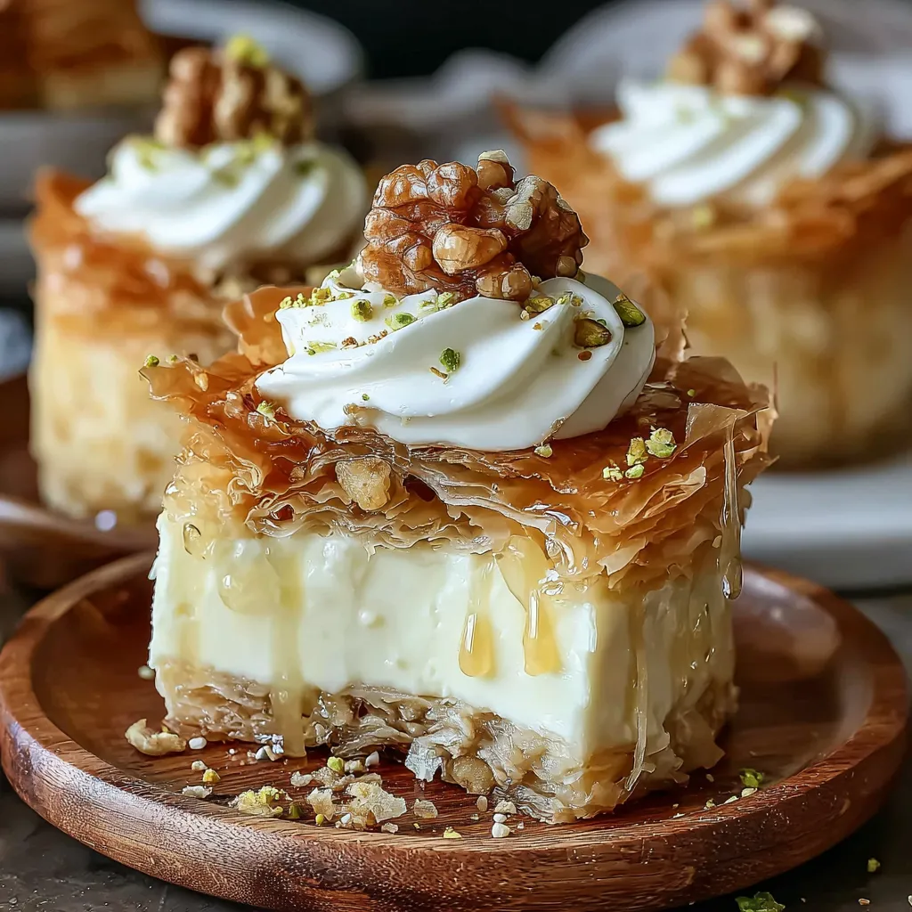 A slice of baklava cheesecake with a walnut on top.