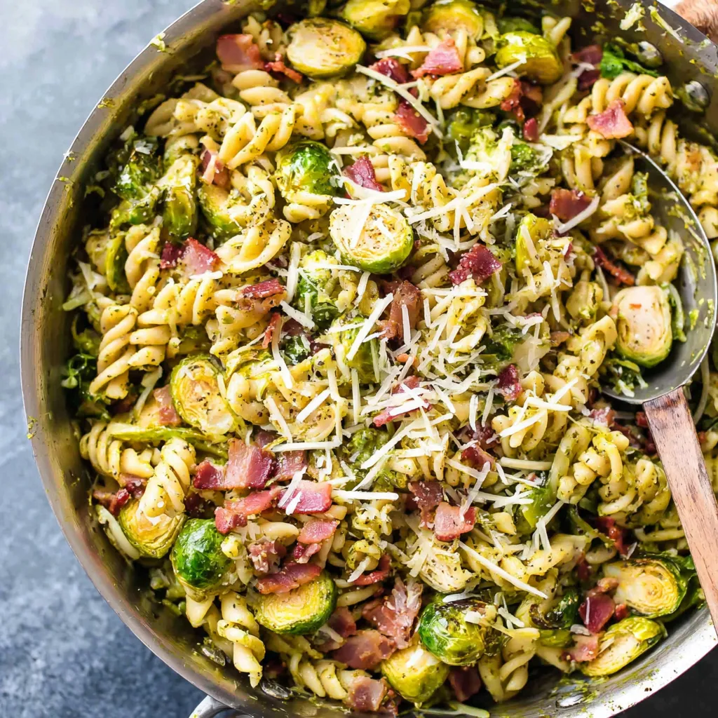 A bowl of pasta with bacon and brussels sprouts.