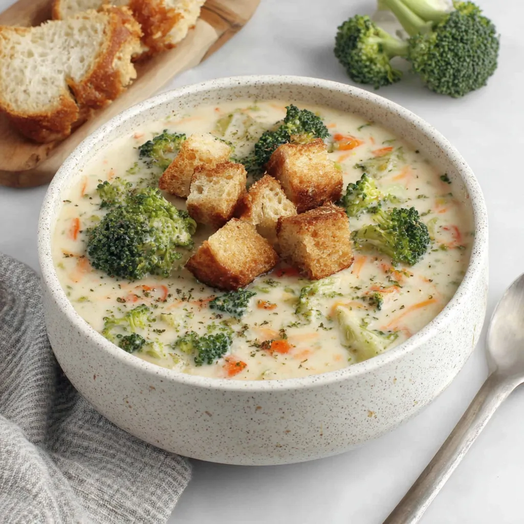 A bowl of soup with broccoli and bread.