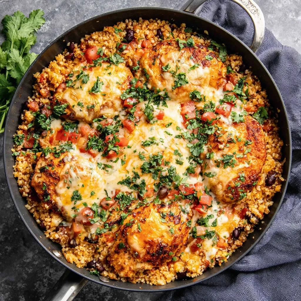 A skillet with chicken, rice, and vegetables.