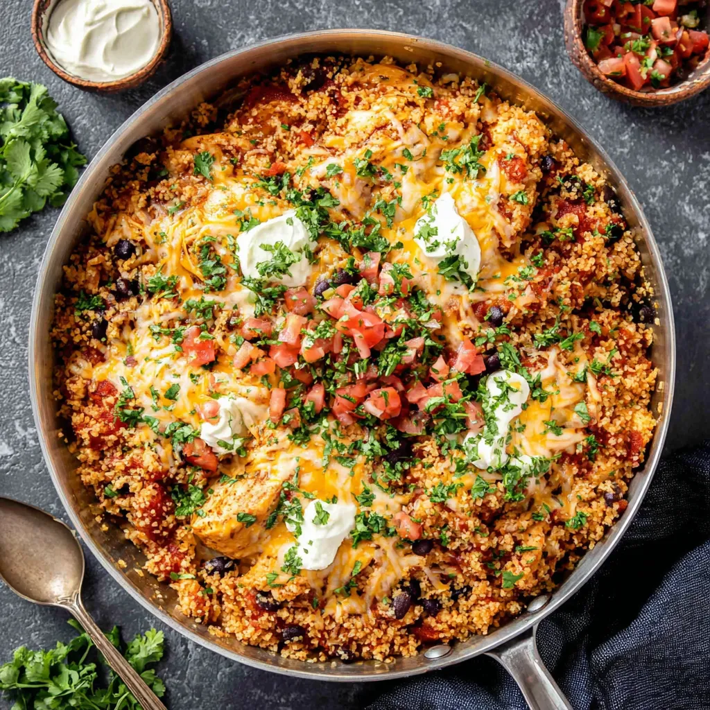 A skillet filled with salsa chicken and cauliflower rice.