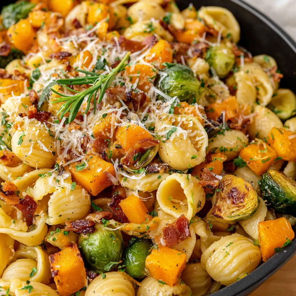 A bowl of pasta with Brussels sprouts and butternut squash.