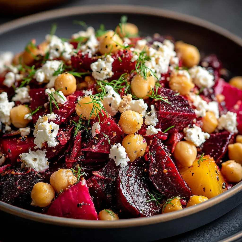 A bowl of chickpea, beet and feta salad.