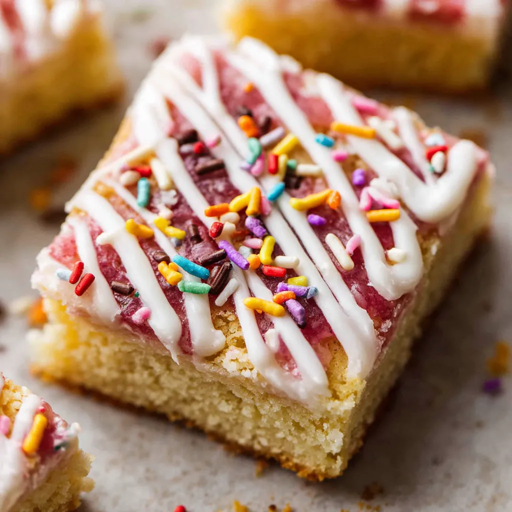 A close up of a Pop Tart cookie bar with white frosting and sprinkles.