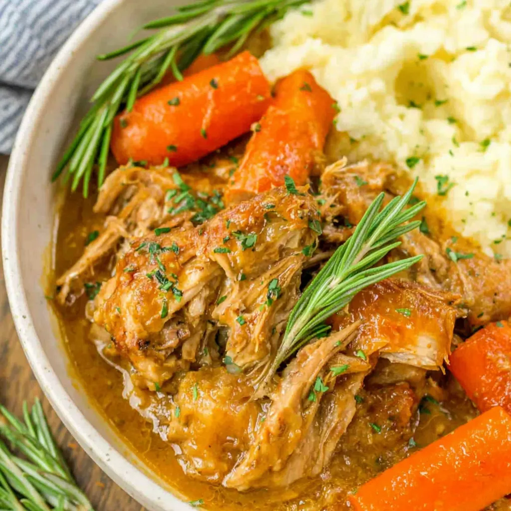 A bowl of chicken pot roast with carrots and herbs.