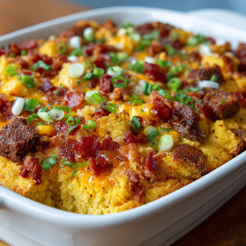 A loaded cornbread casserole with bacon and green onions.