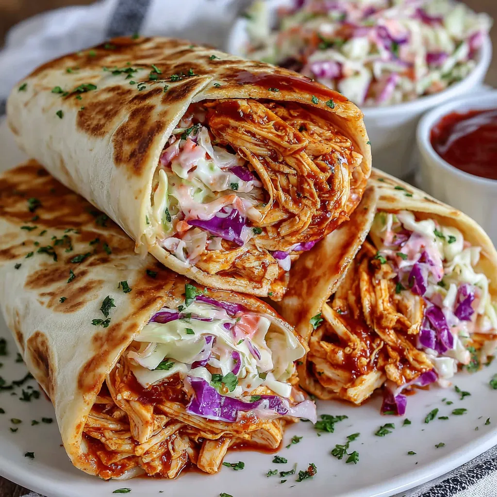 Two BBQ chicken coleslaw wraps on a plate.