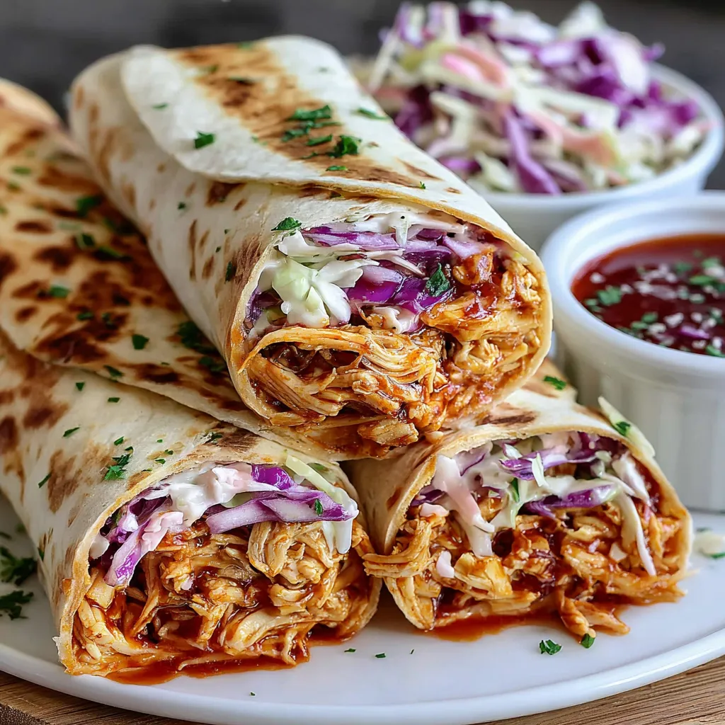 A plate of BBQ chicken coleslaw wraps.