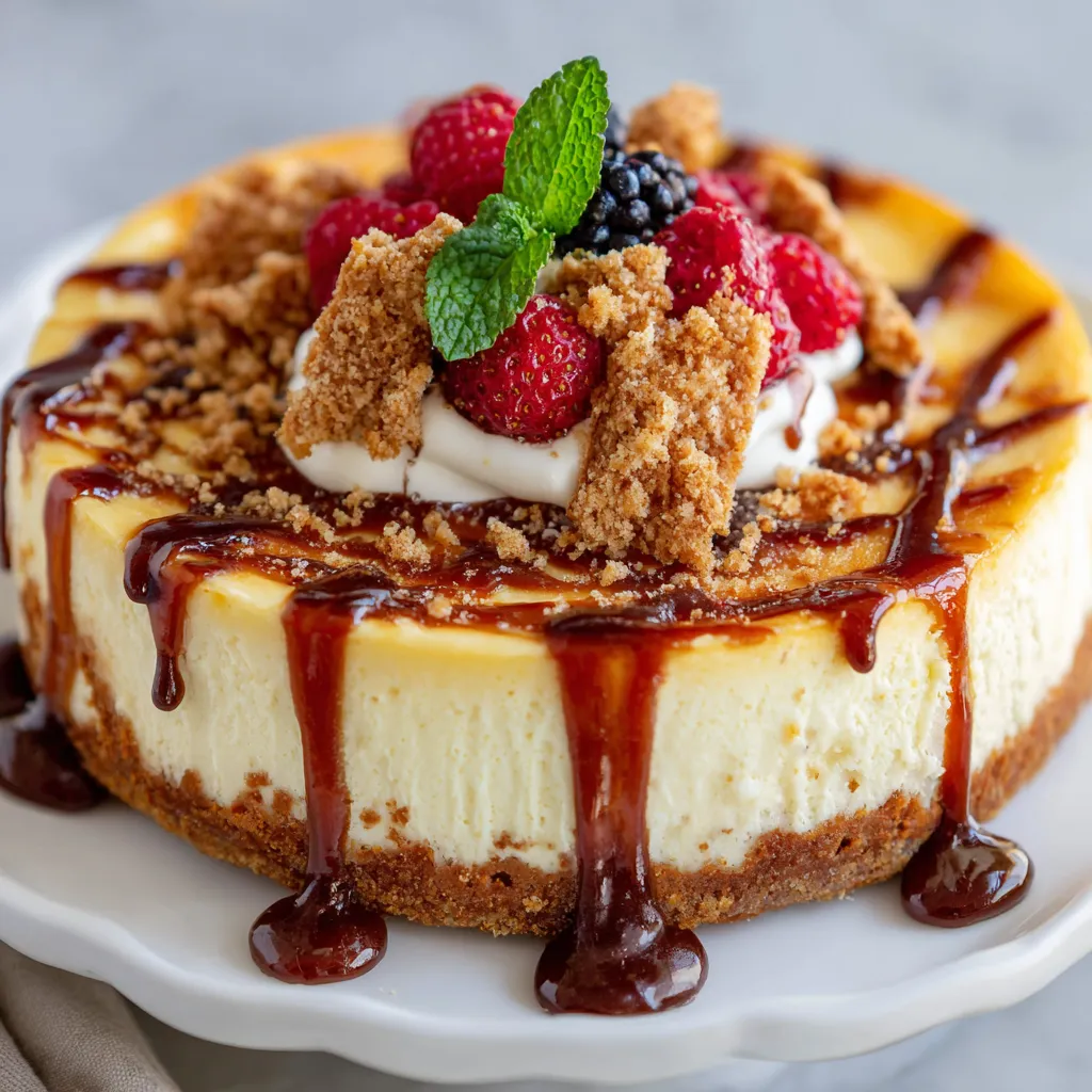 A slice of vanilla bean brown butter cheesecake with raspberries and mint.