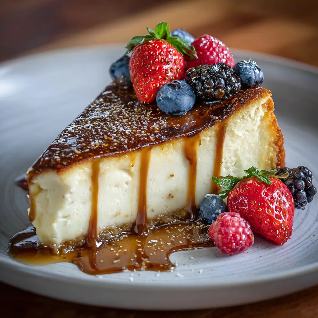 A slice of vanilla bean brown butter cheesecake with strawberries and blueberries on top.