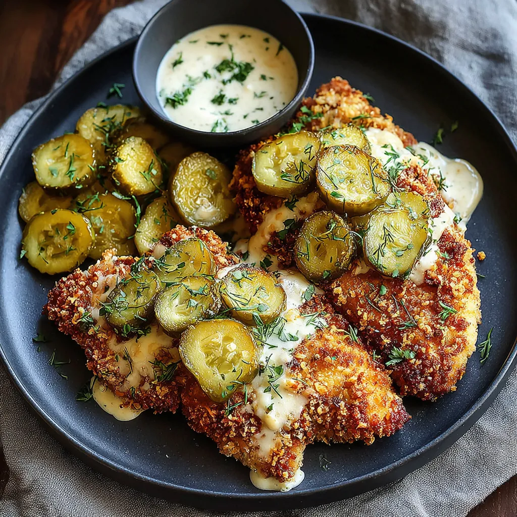 A plate of chicken with pickles and Parmesan cheese.