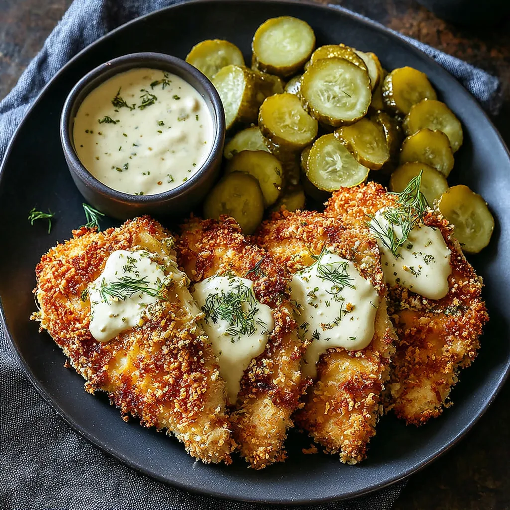 A plate of fried chicken with pickles and a dipping sauce.