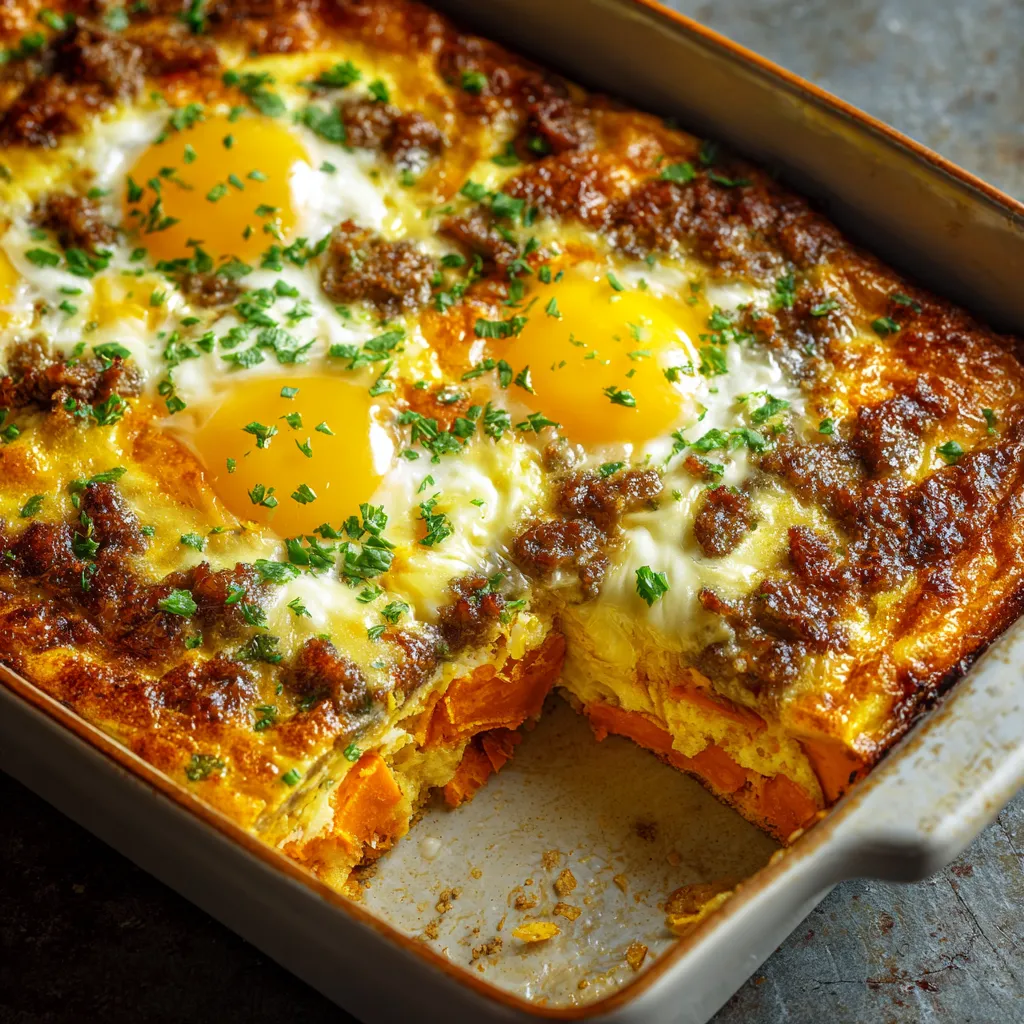 A pan of sweet potato egg casserole.