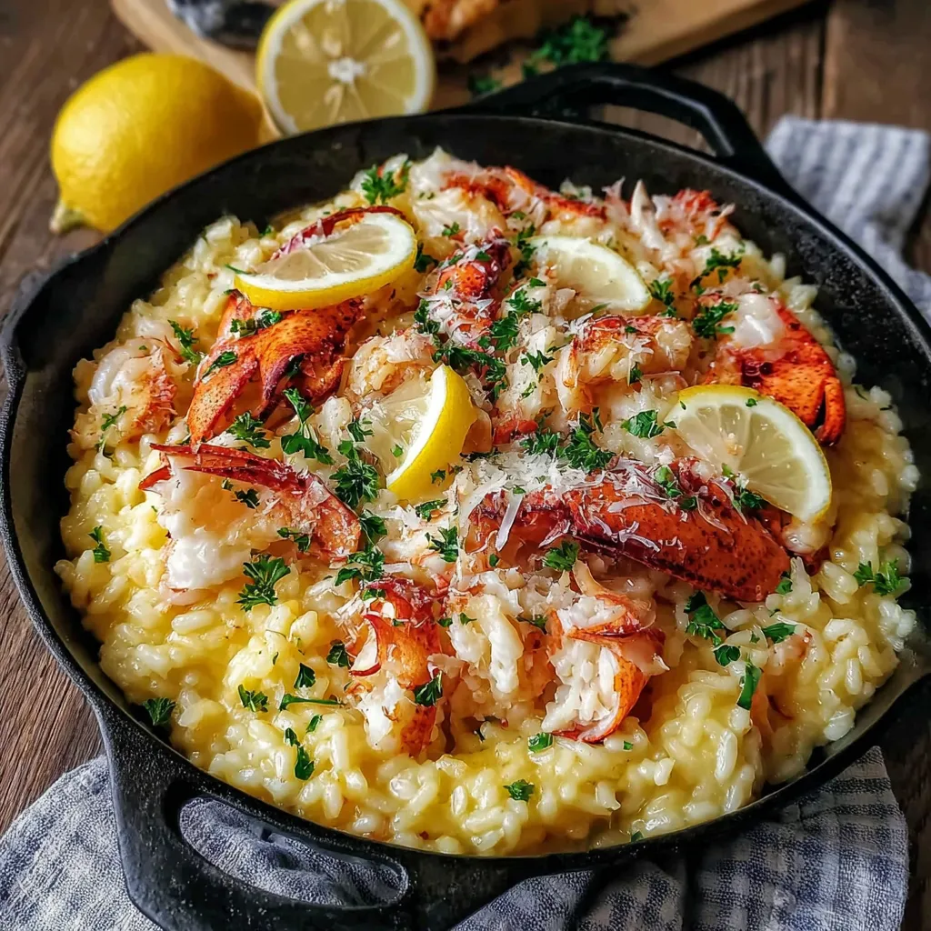 A dish of lobster risotto with lemon and butter.