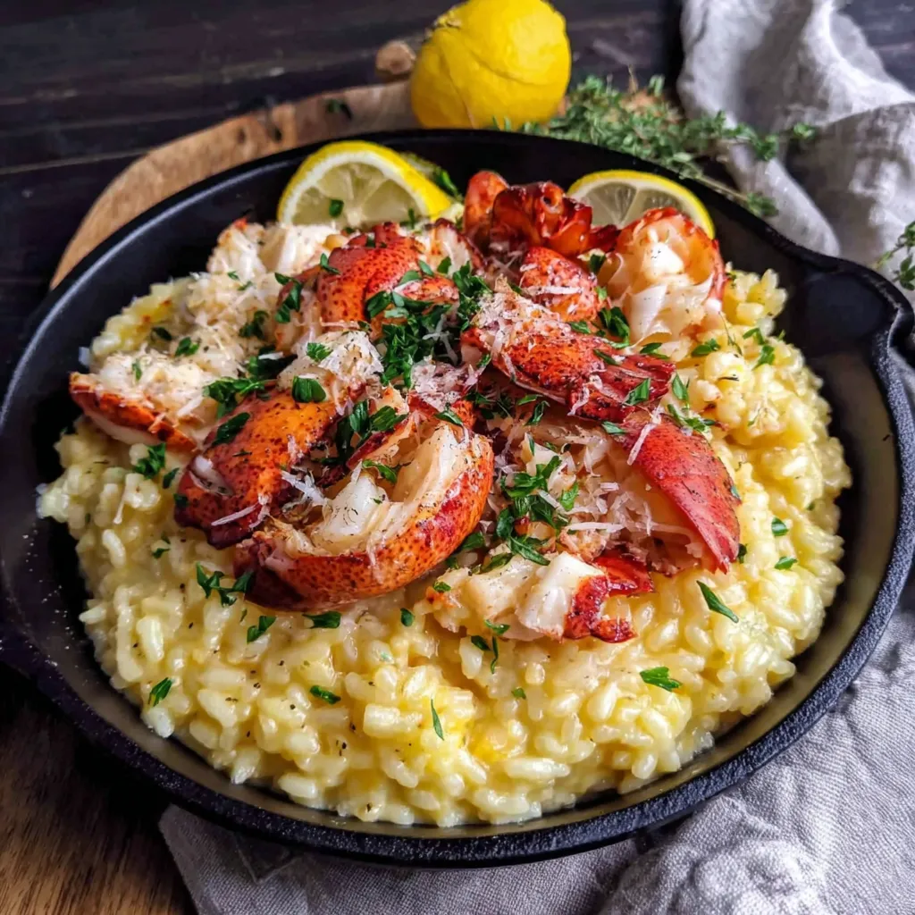 A plate of lobster risotto with lemon and butter.