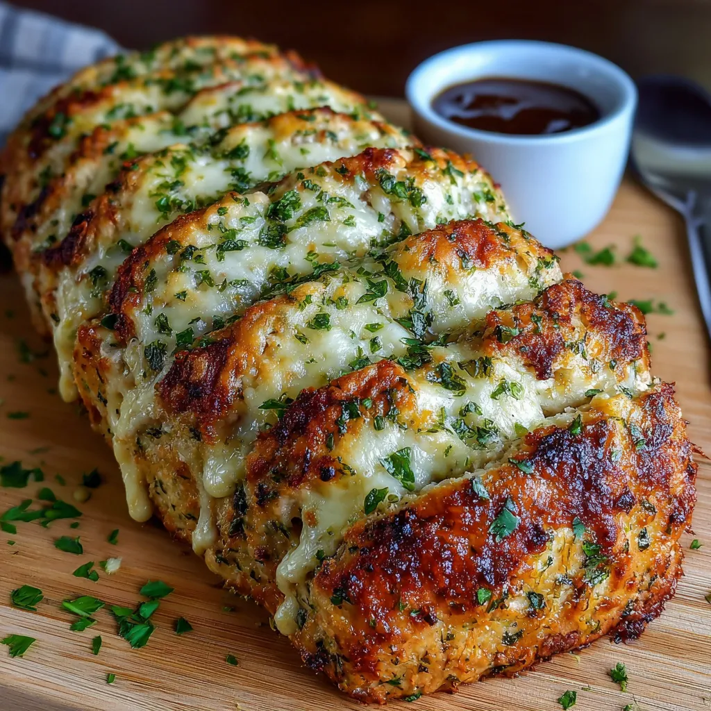 A piece of Parmesan chicken meatloaf on a cutting board.