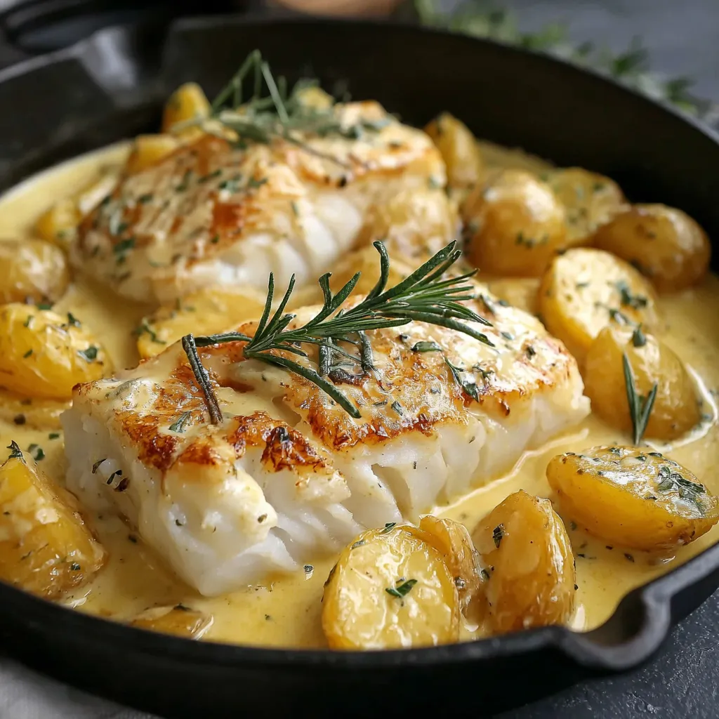 A dish of fish and potatoes in a cream sauce.