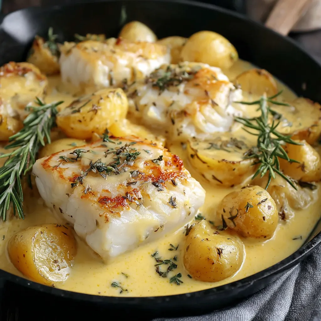 A dish of fish and potatoes in a cream sauce.