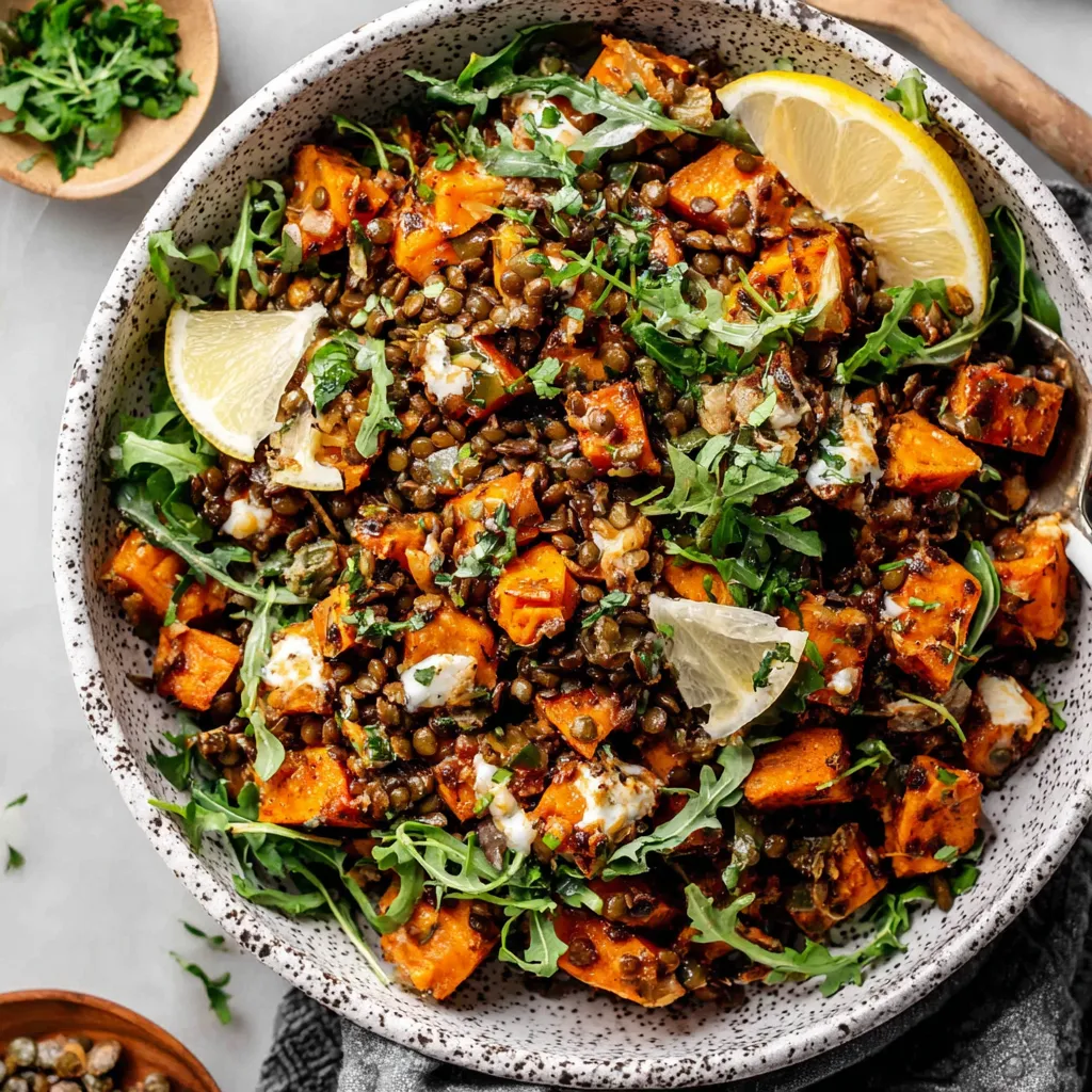 A bowl of sweet potato salad with lentils.