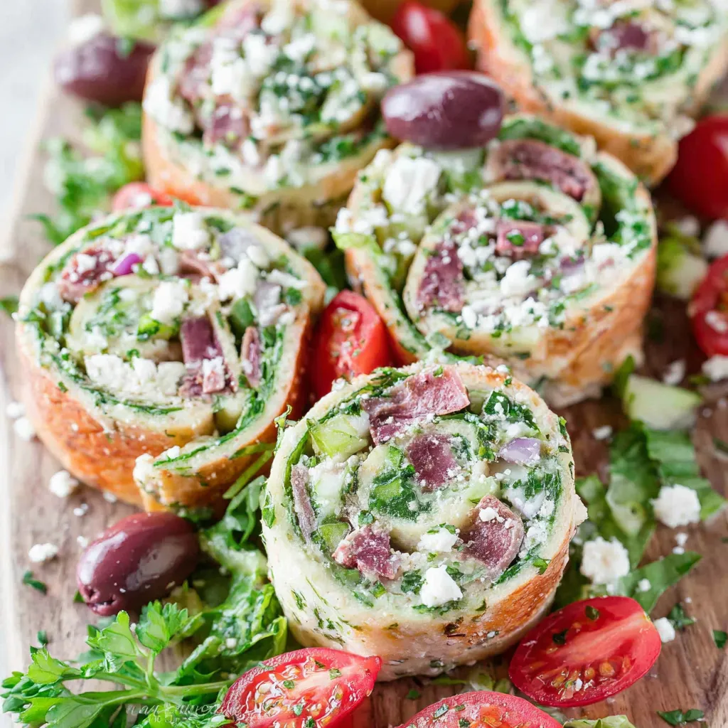A plate of Greek salad pinwheels.