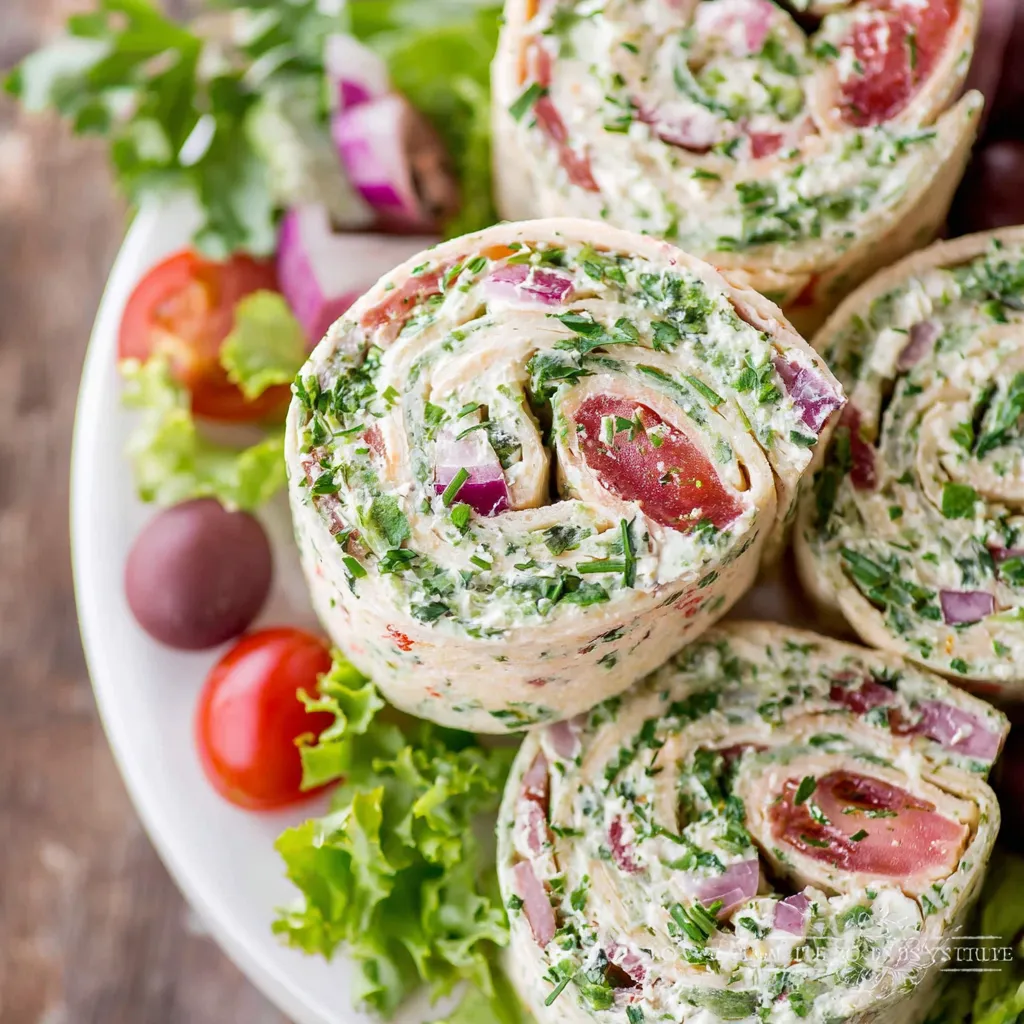 A plate of Greek salad pinwheels.