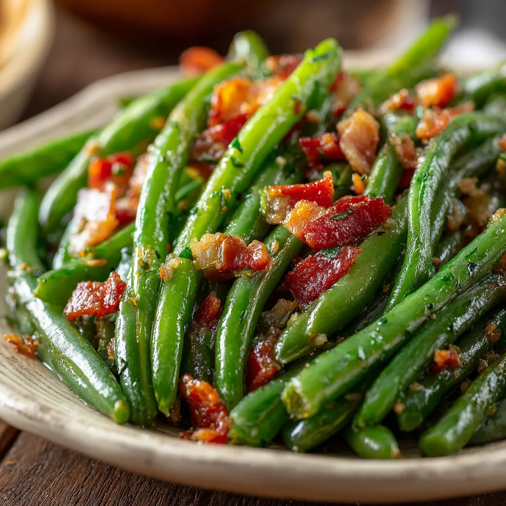 A bowl of green beans with bacon.