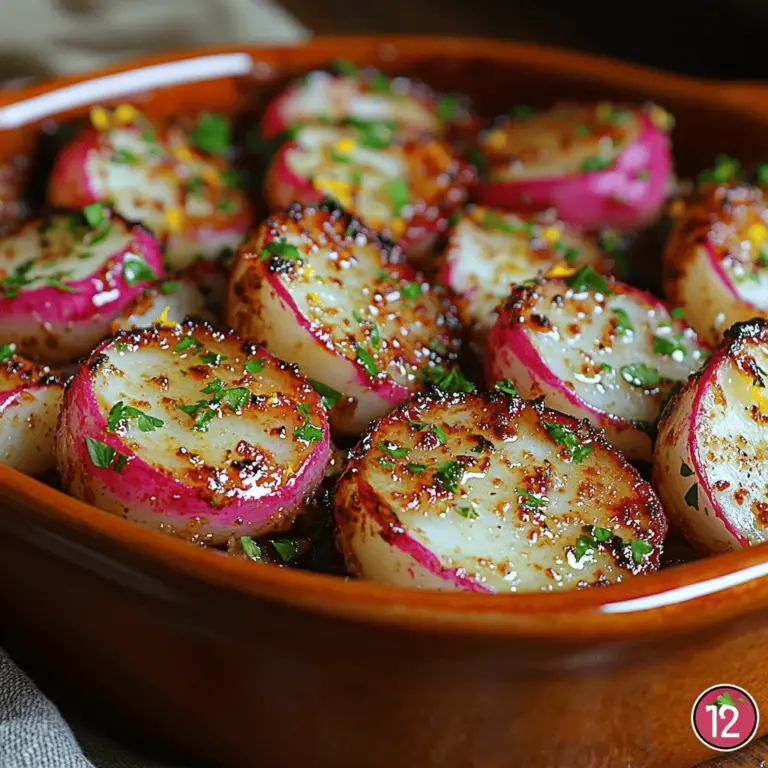 A bowl of roasted radishes with garlic and herbs.