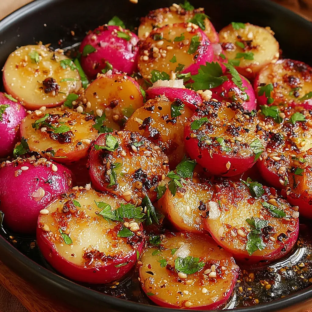 A bowl of roasted radishes with garlic and herbs.