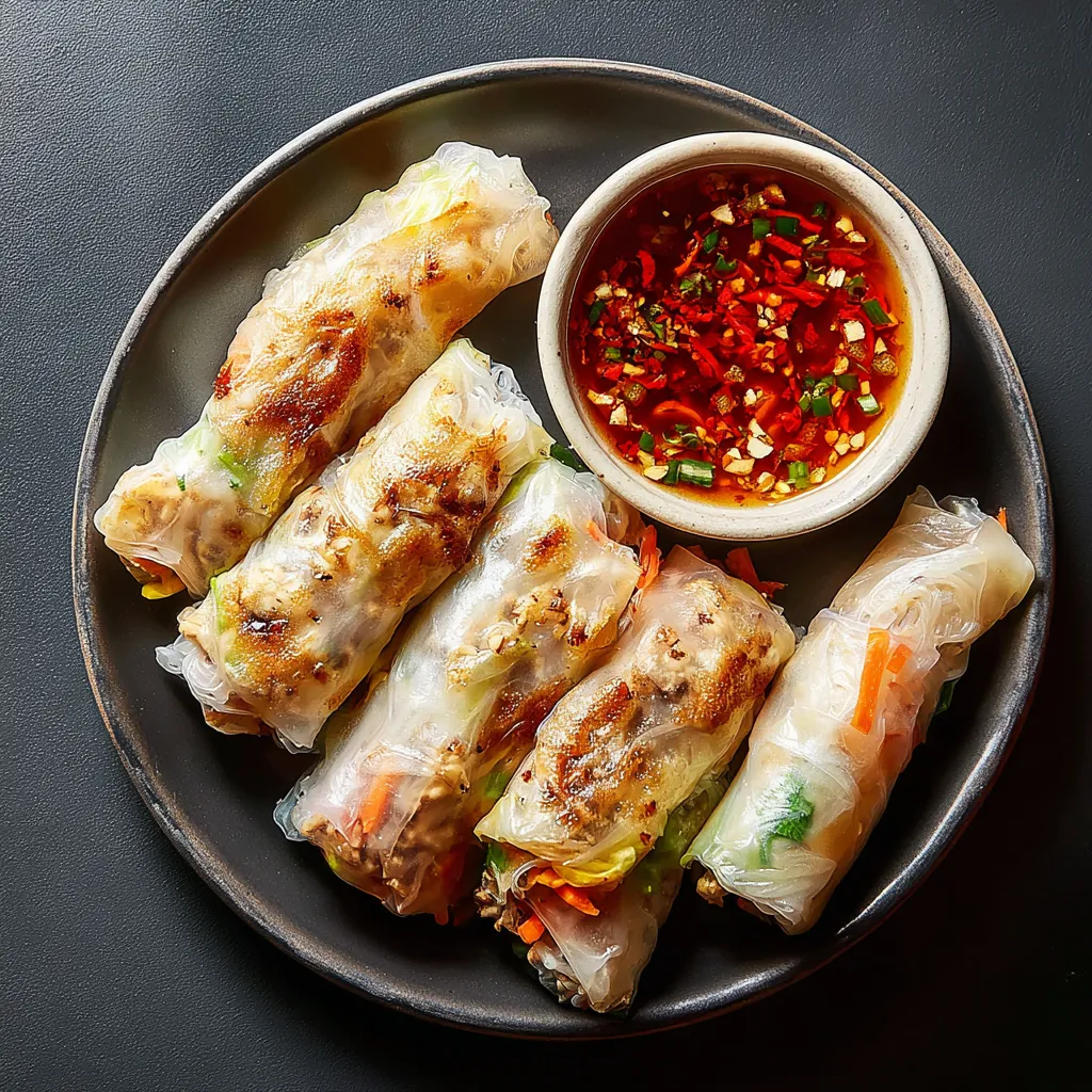 A plate of rice paper noodle rolls with sauce.