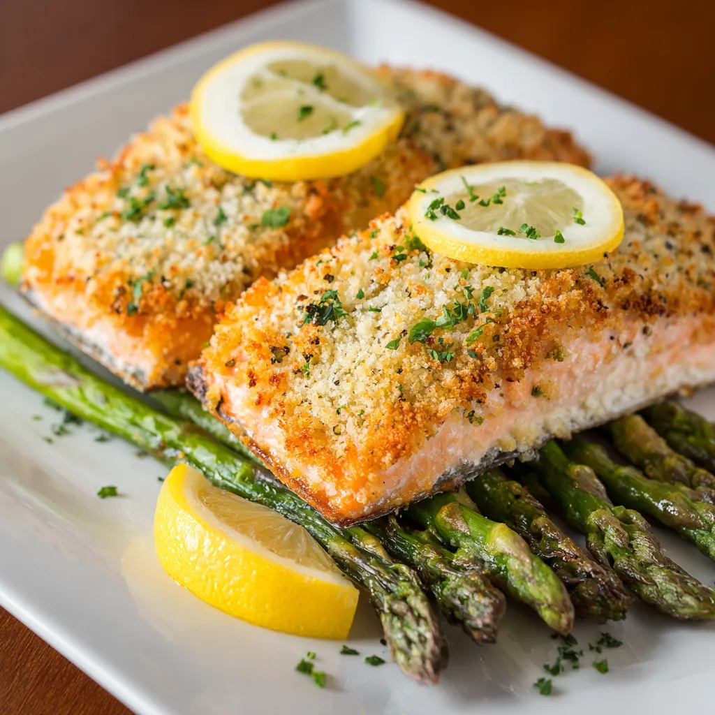 A plate of salmon with lemon wedges on top.
