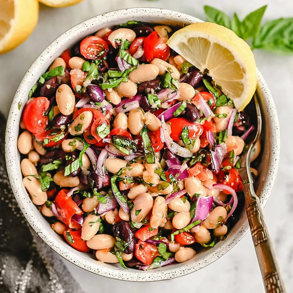 A bowl of lemon basil three bean salad.
