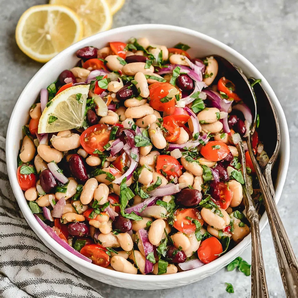 A bowl of lemon basil three bean salad.