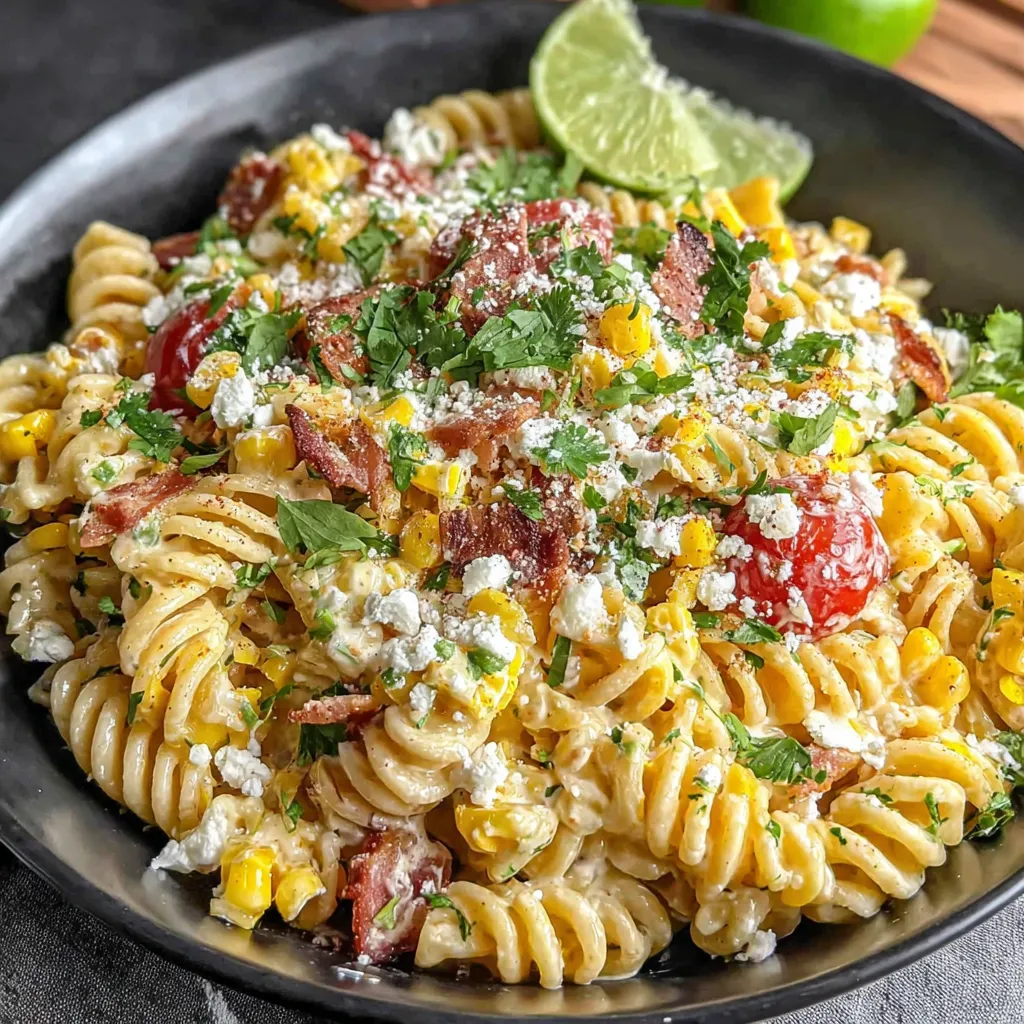 A bowl of Mexican street corn pasta salad.