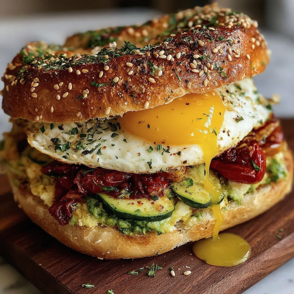 A breakfast sandwich with eggs, zucchini, and spices.