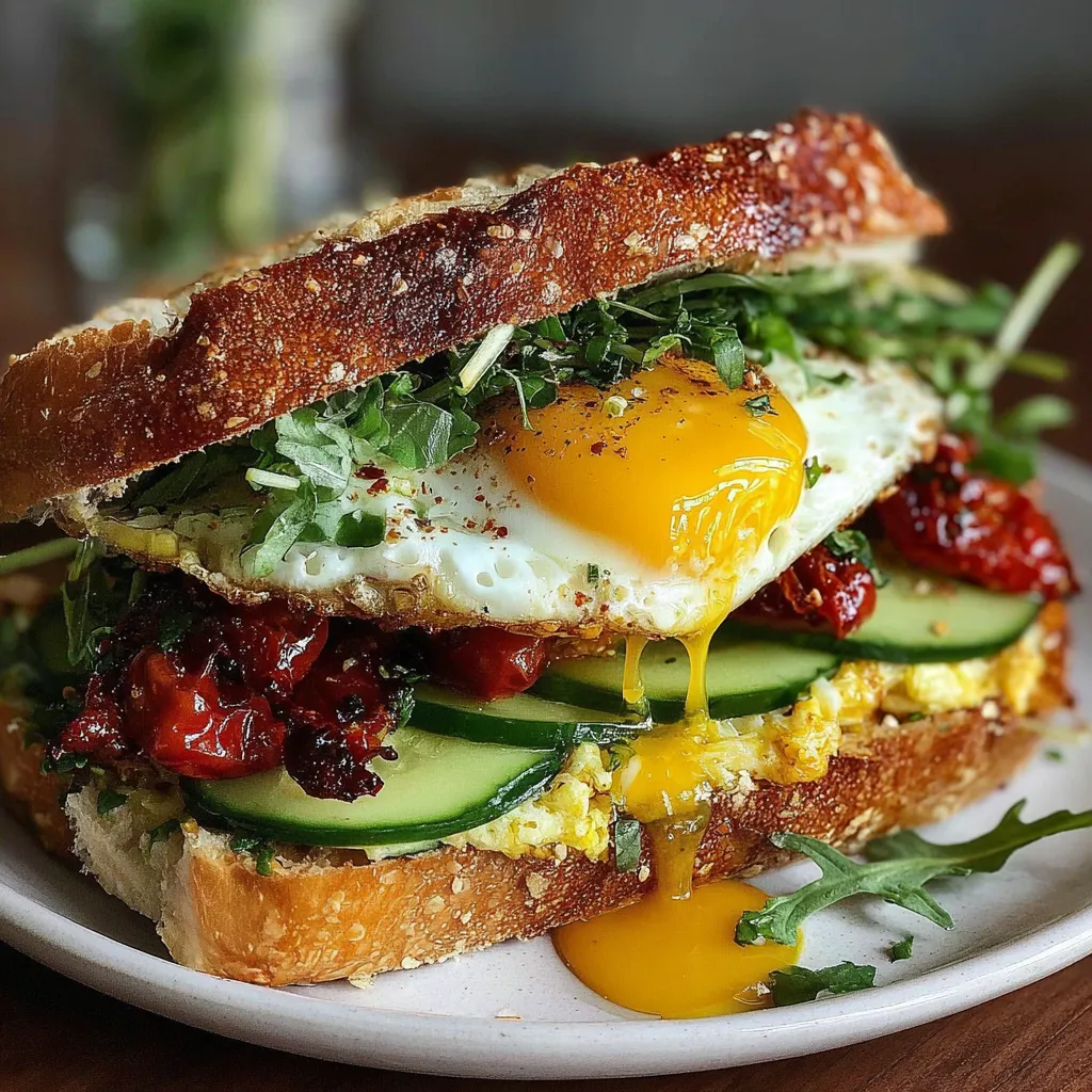 A sandwich with eggs, cucumber, and tomato.