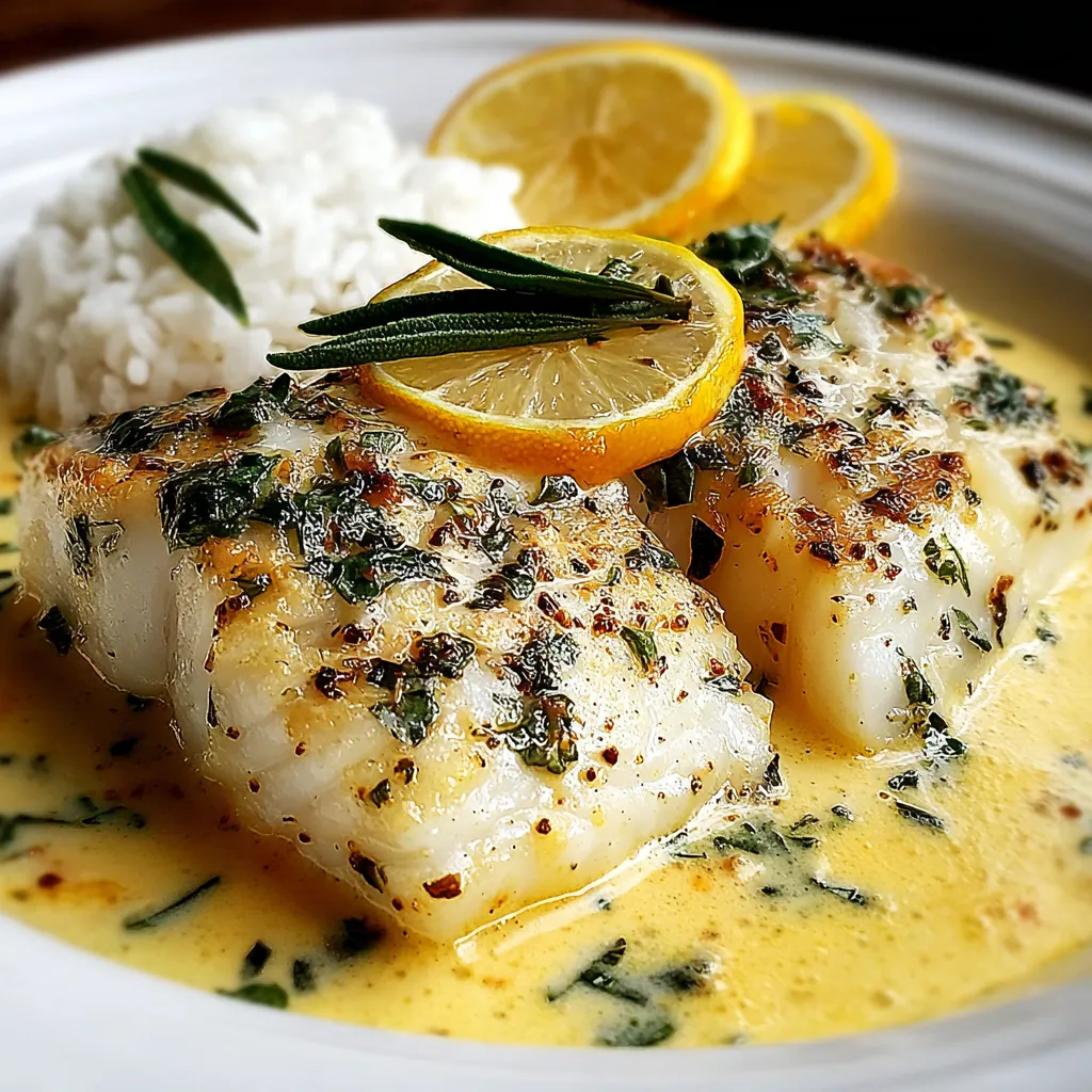 A plate of fish with lemon and herbs on top.