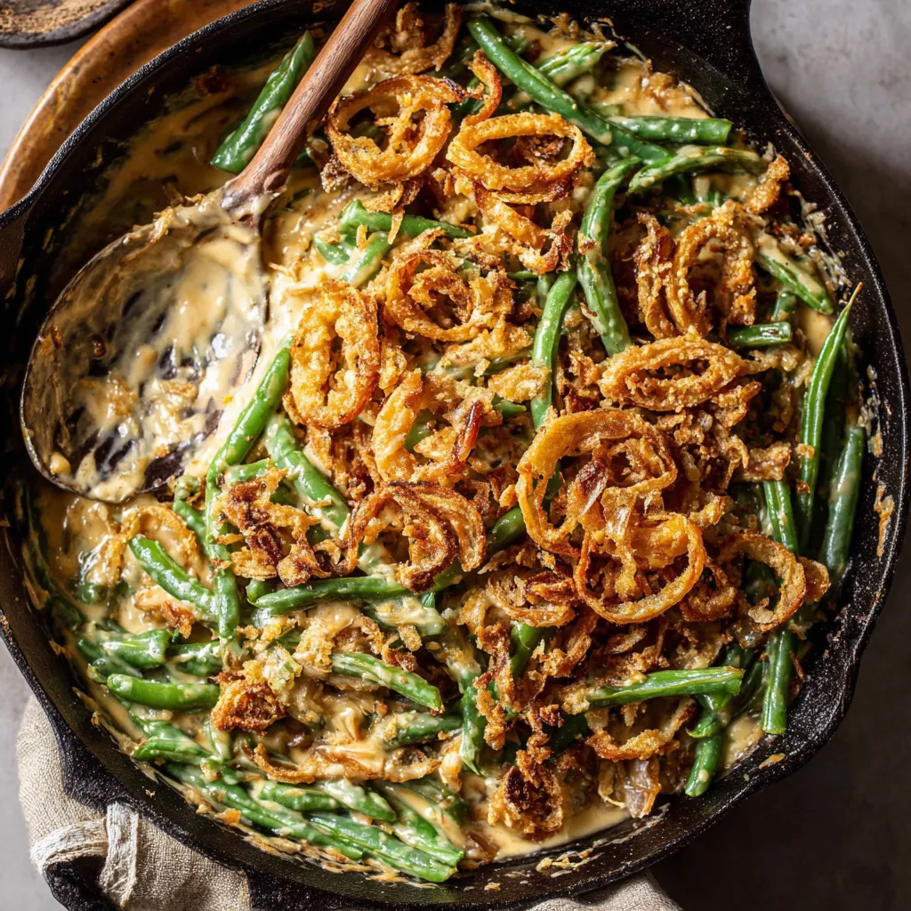 A homemade green bean casserole in a cast iron skillet.