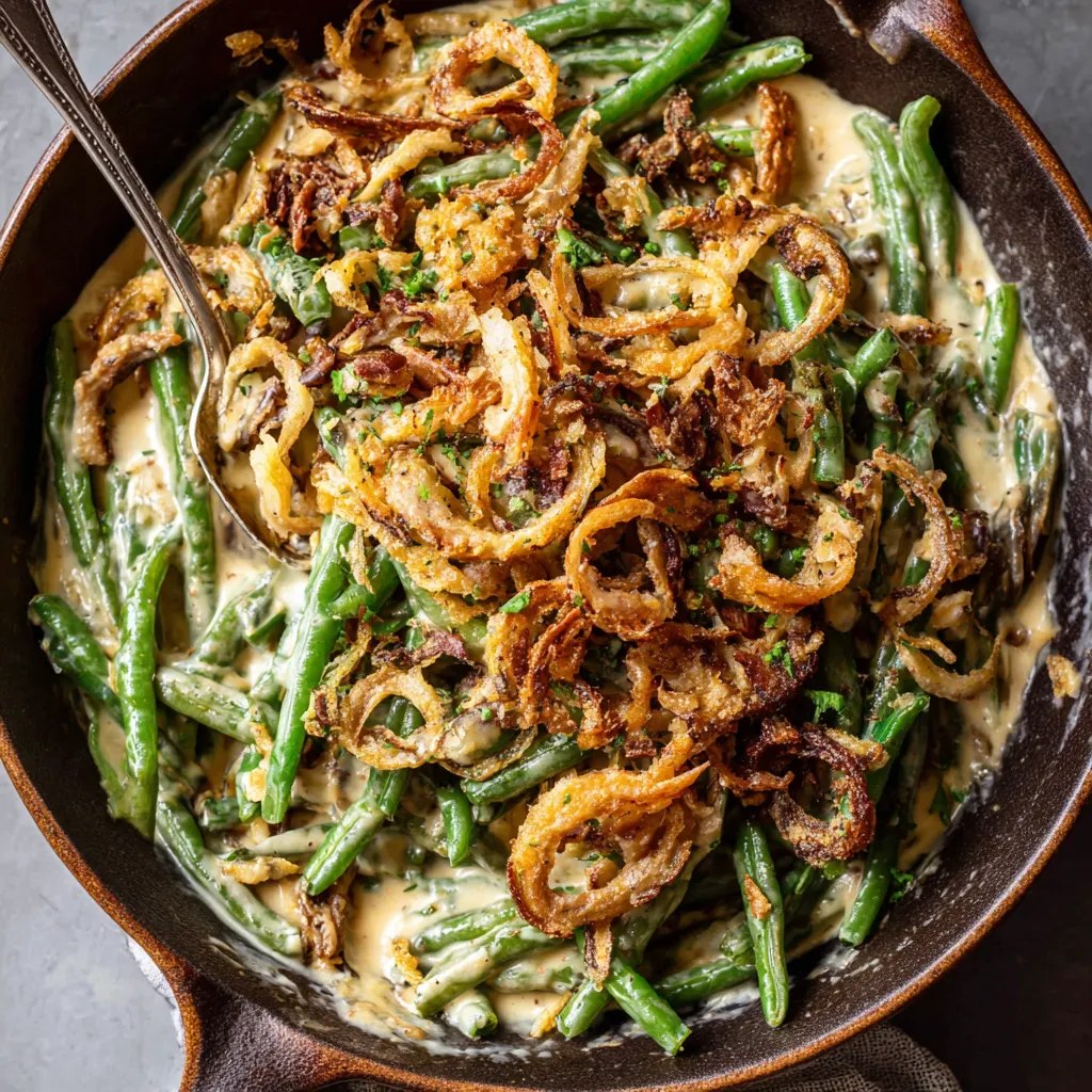 A homemade green bean casserole in a pan.
