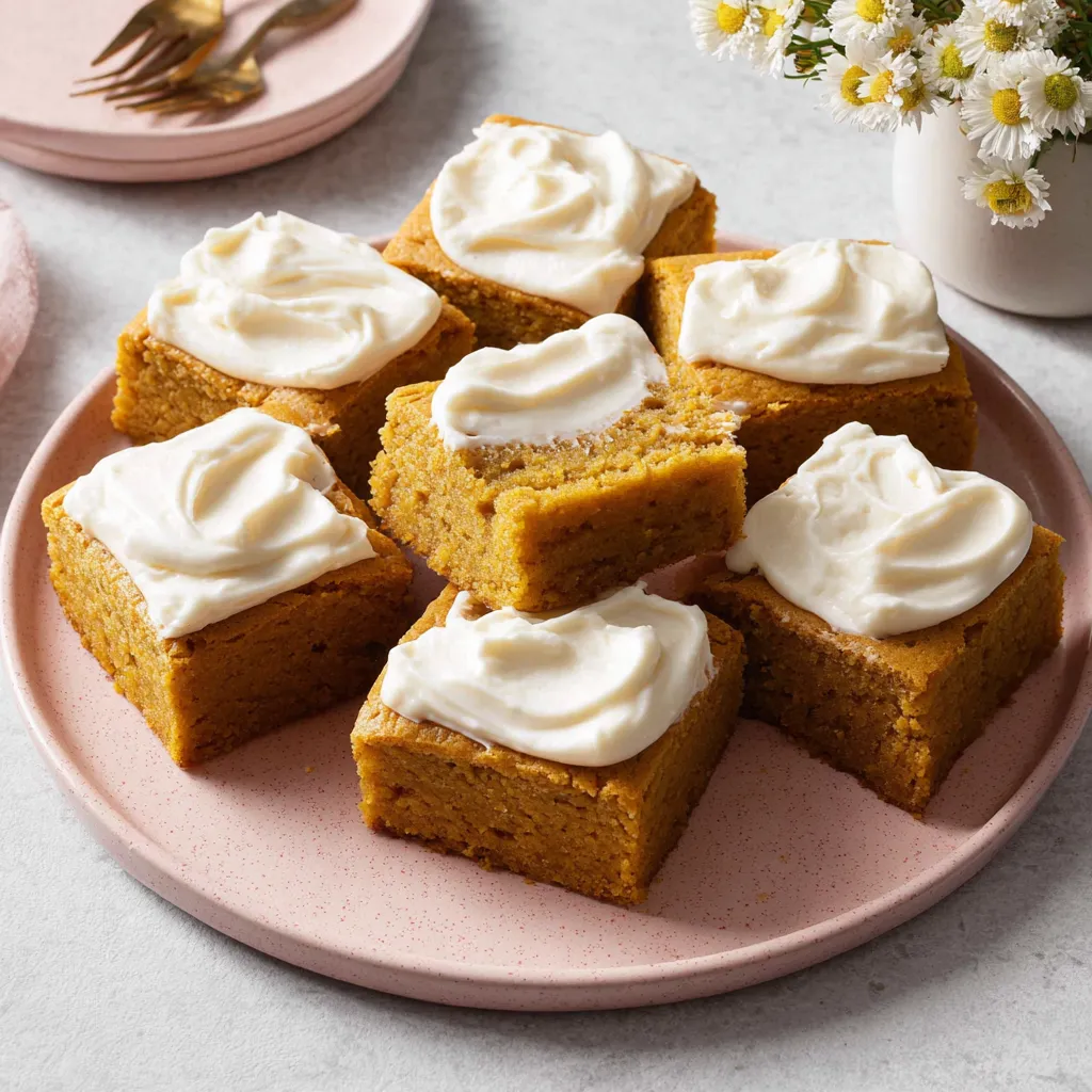 A plate of pumpkin bars with white frosting.