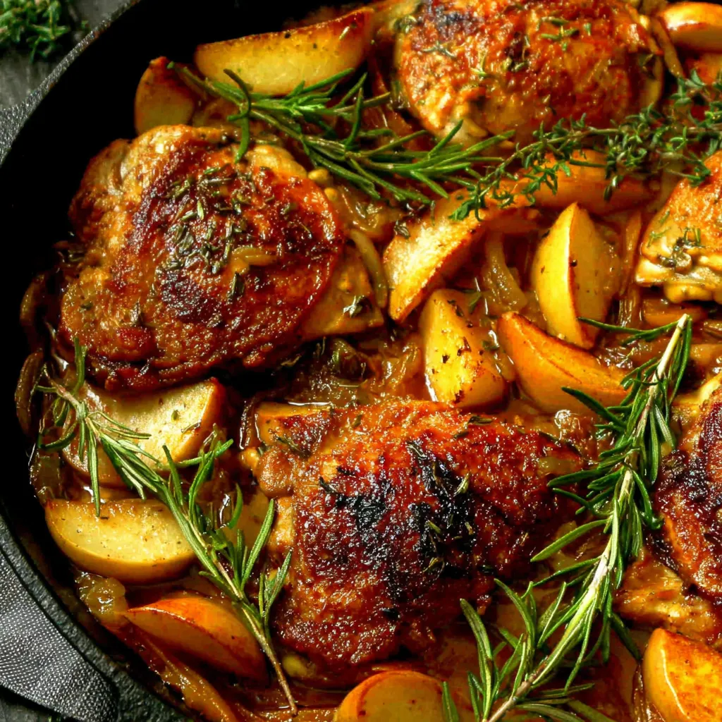 A pan of chicken with rosemary and apples.