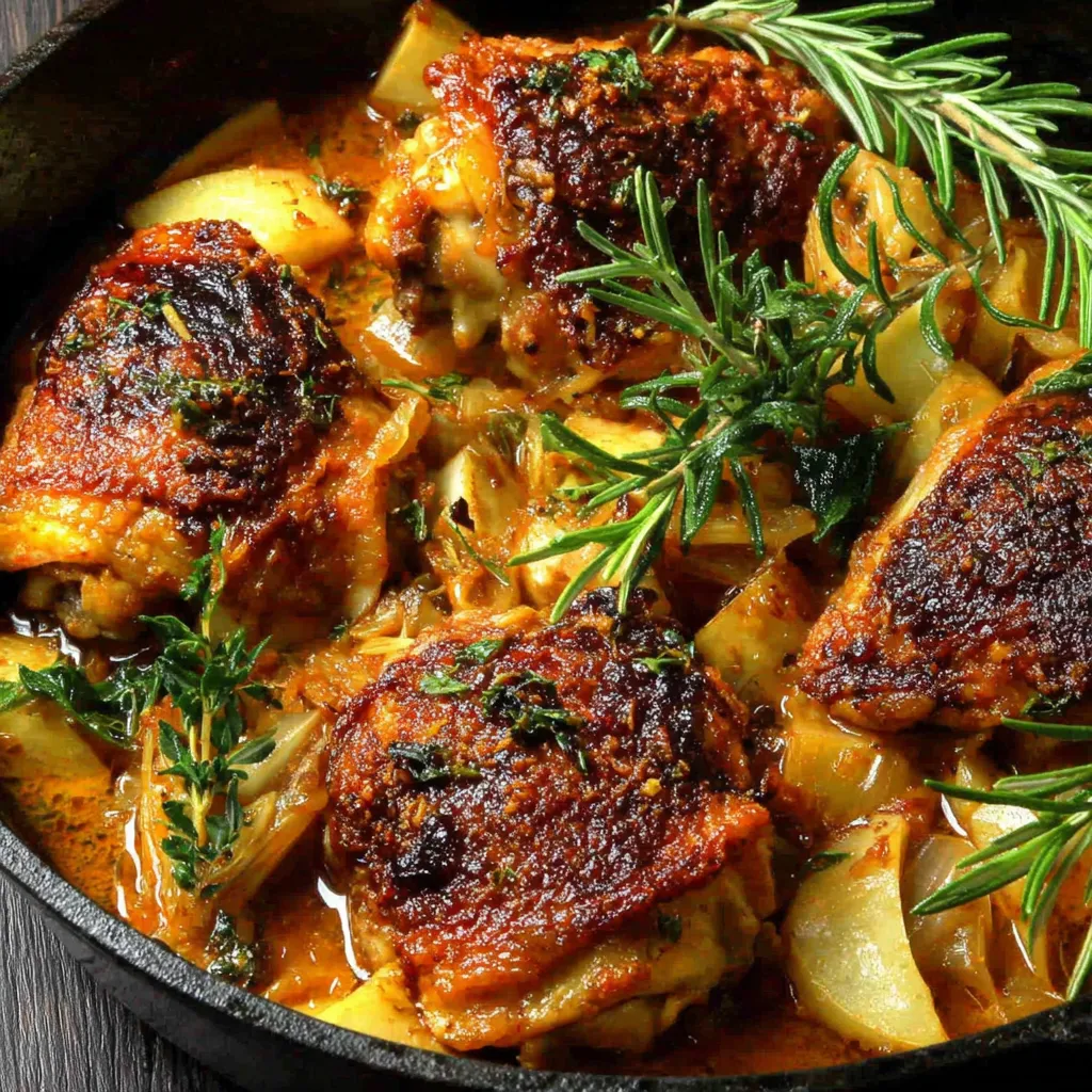 A pan of chicken with rosemary and onions.