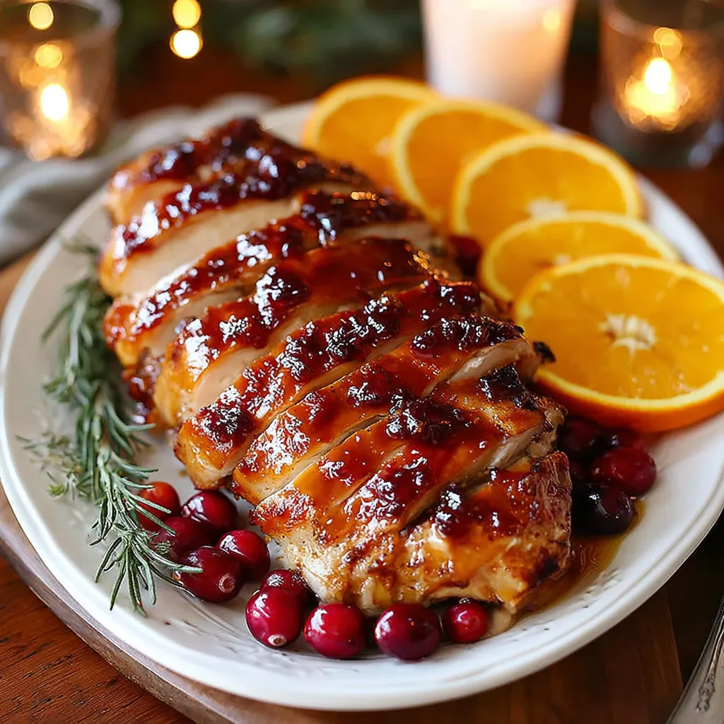 A plate of food with a glazed turkey breast and orange slices.