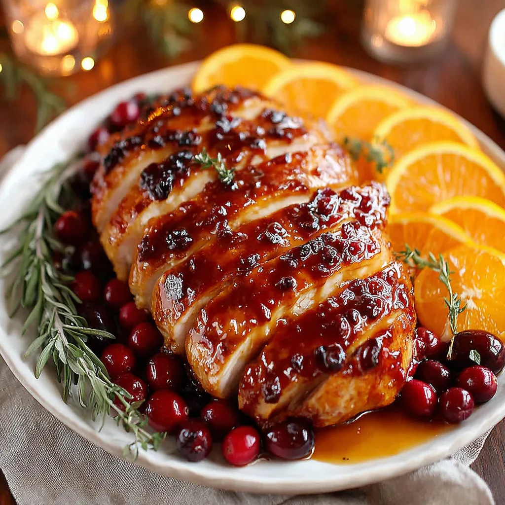 A glazed turkey breast with cranberry and orange slices.