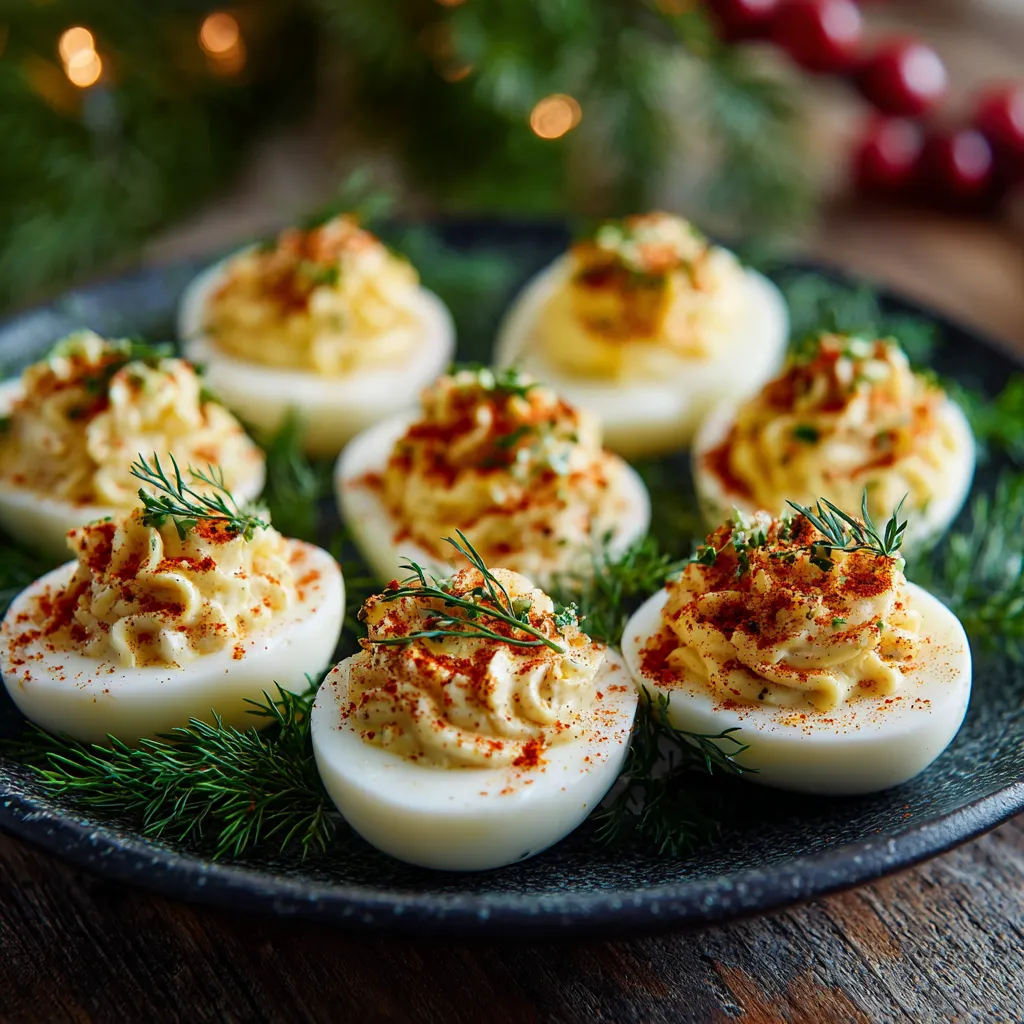 A plate of deviled eggs with red peppers on top.