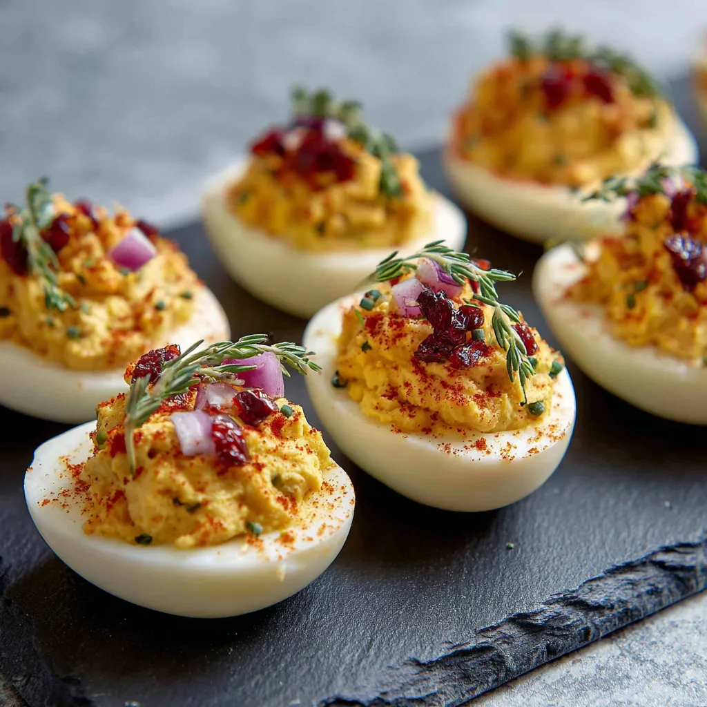 A plate of deviled eggs with a spoon.