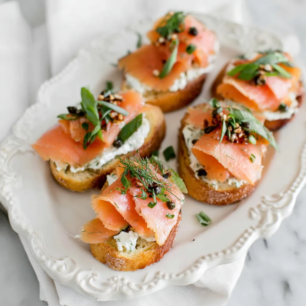 A plate of smoked salmon crostini.