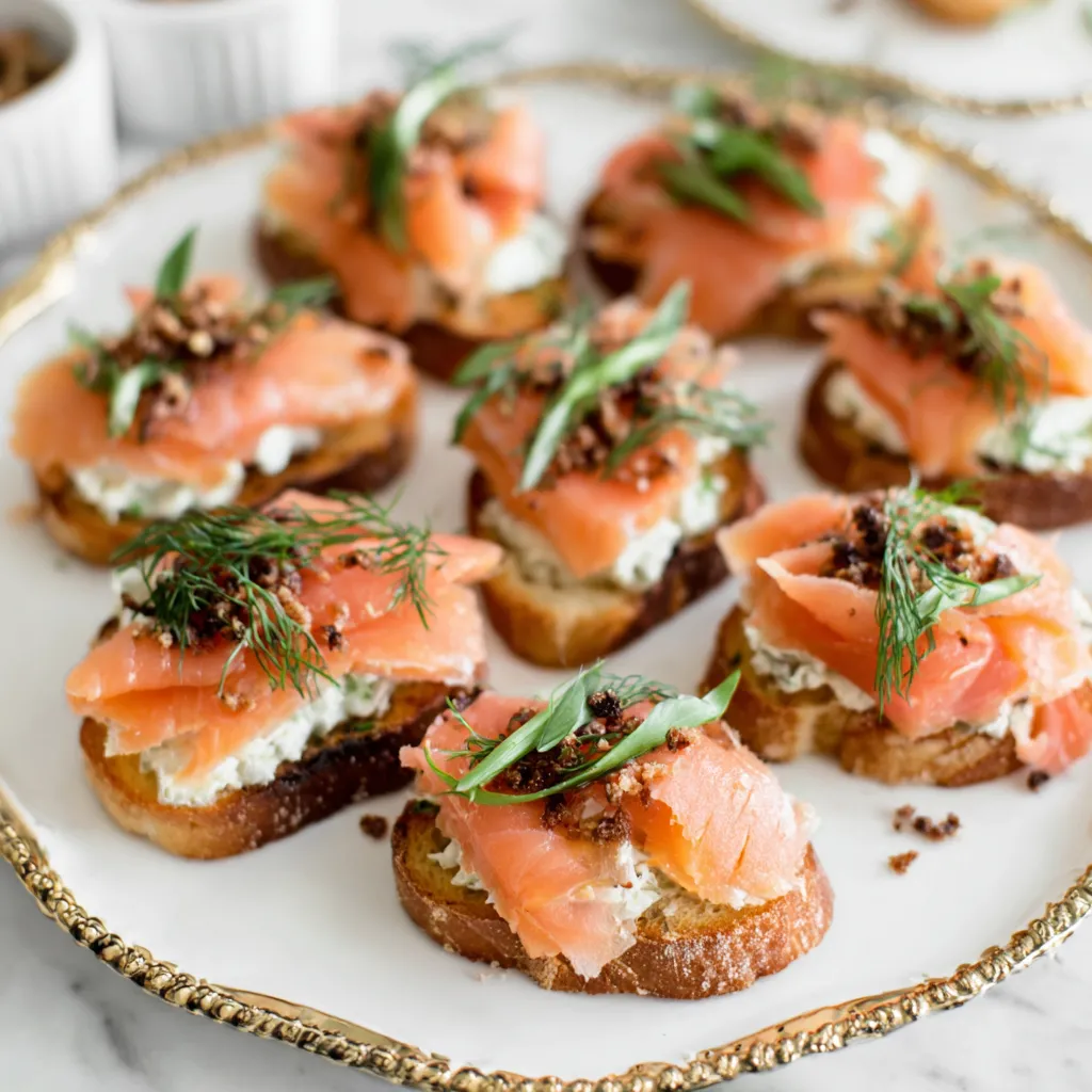 A plate of smoked salmon crostini.