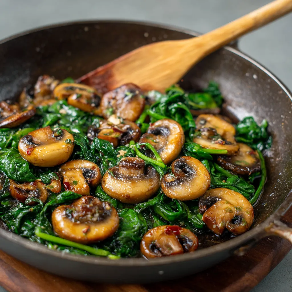 A pan of mushrooms and spinach.