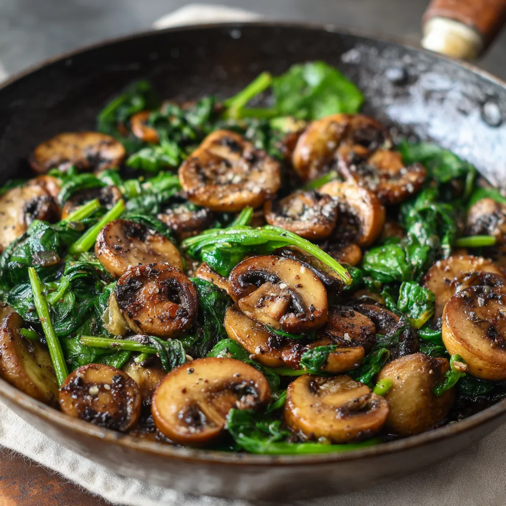A pan of mushrooms and spinach.