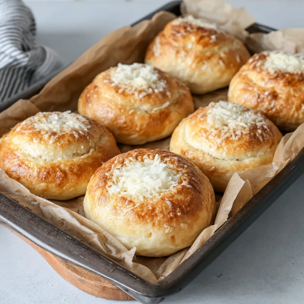A tray of sourdough bread with cheese on top.